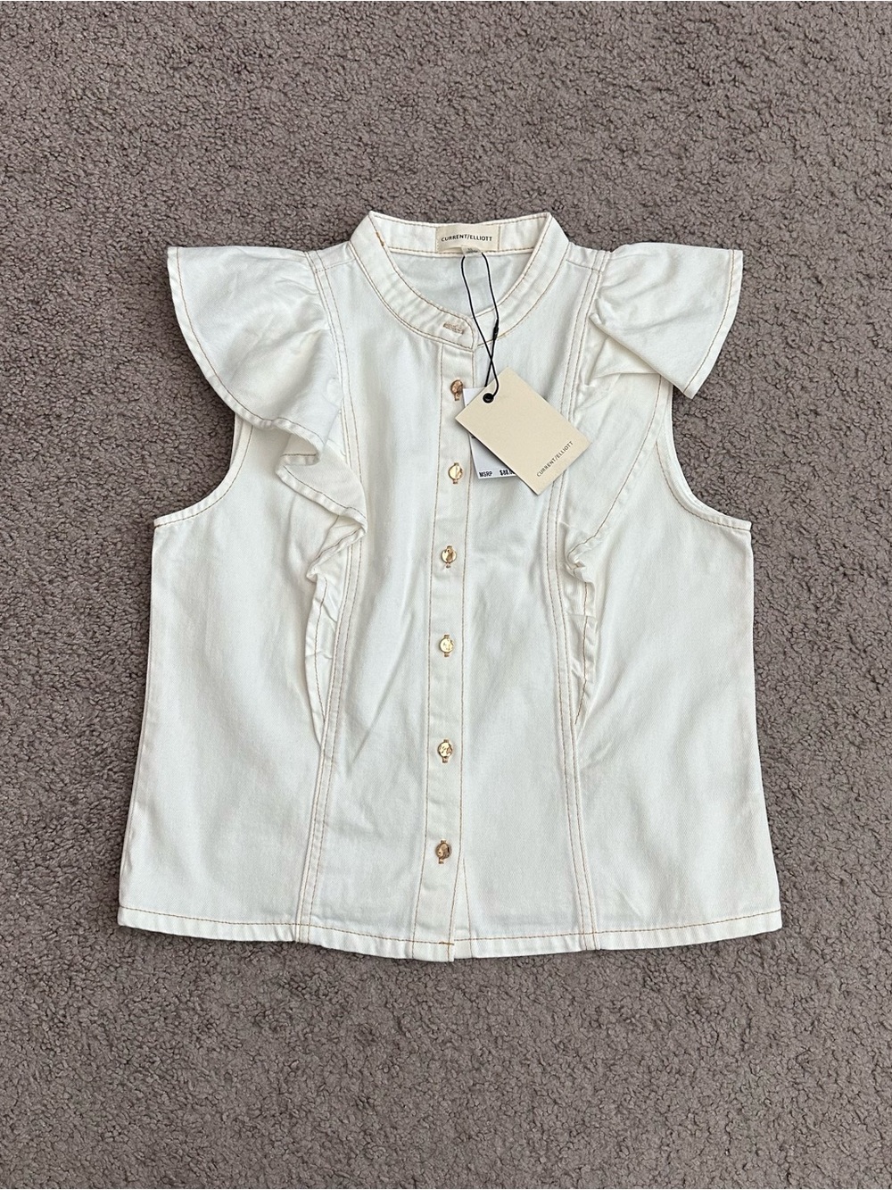 Current/Elliott White Denim Ruffle Mandarin Collar Button Up Top Womens